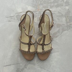 CHANEL Tan Leather Chain-Trim T-Strap Slingback Heels